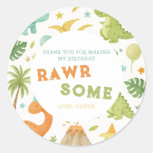 Watercolor Green Orange Dinosaurier Geburtstagstic Runder Aufkleber