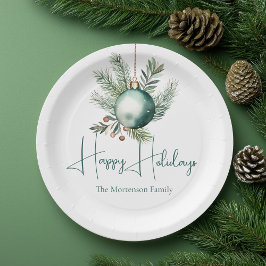 Watercolor Green Ornament Trendy Holiday Party Pappteller