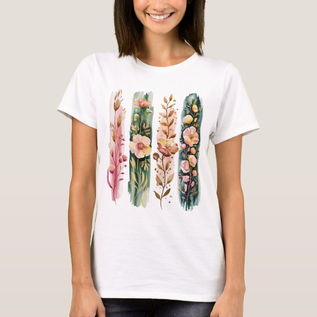 WATERCOLOR GREEN & PINK WILDFLOWER BRUSHSTROKES T-Shirt (Vorderseite)