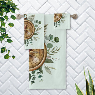 Watercolor Green Tropical Blätter Foliage Compass Badhandtuch Set