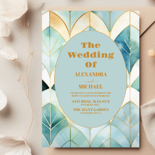 Watercolor Green und Gold Art Deco Hochzeit Einladung