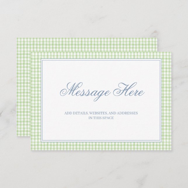 Watercolor Green und White Gingham Wedding Begleitkarte (Vorne/Hinten)