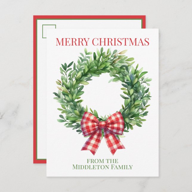 Watercolor Green Wreath With Red Gingham Bow Postkarte (Vorne/Hinten)