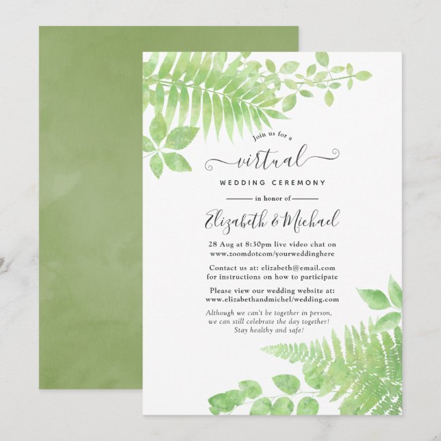 Watercolor Greenerage Foliage Online Virtual Weddi Einladung (Vorne/Hinten)