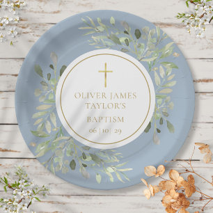 Watercolor Greenerity Baptism Christening Blue Pappteller