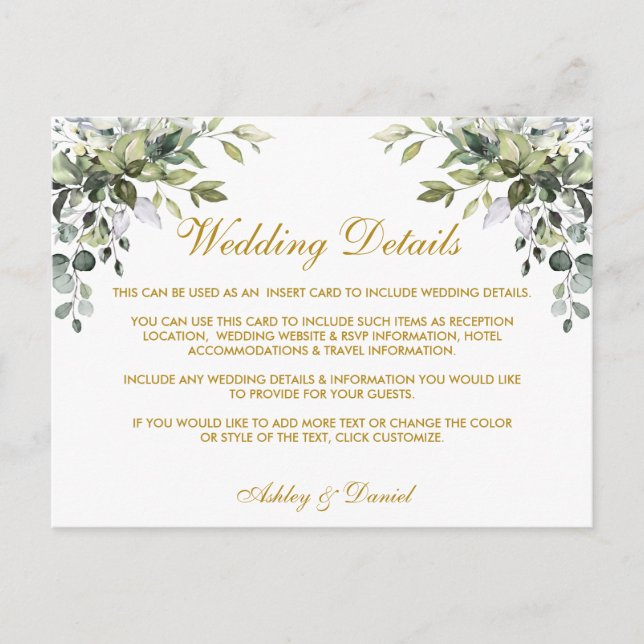 Watercolor Greenerity Gold Wedding Details Card Postkarte (Vorderseite)