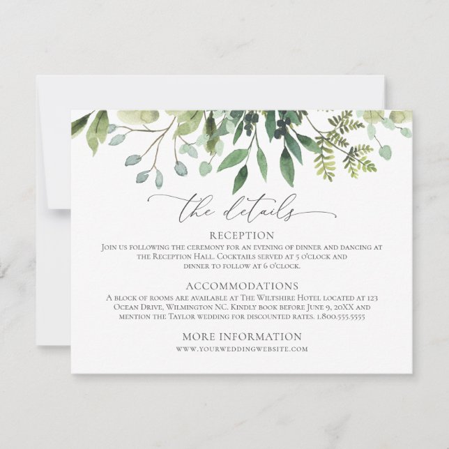 Watercolor Greenerity Wedding Details Eintrittskar RSVP Karte (Vorderseite)