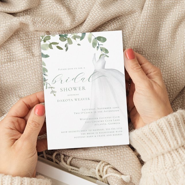 Watercolor Greenerity Wedding Dress Brautparty Einladung (Von Creator hochgeladen)