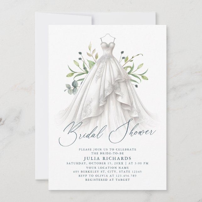 Watercolor Greenerity Wedding Dress Brautparty Einladung (Vorderseite)