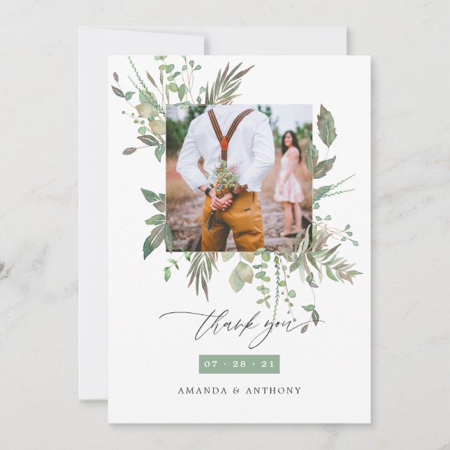 Watercolor Greenerity Wedding Foto Dankeskarte (Vorderseite)