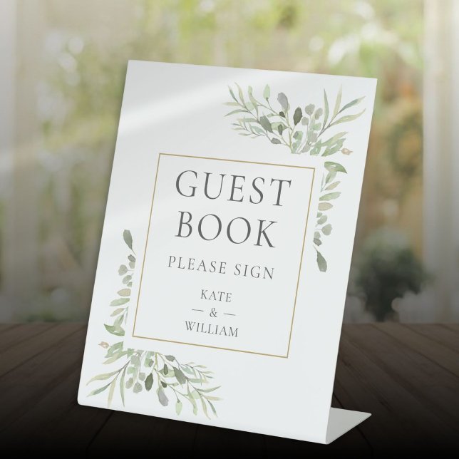 Watercolor Greenerity Wedding Gästebuch Sockelschild (Watercolor Greenery Wedding Guest Book Pedestal Sign)
