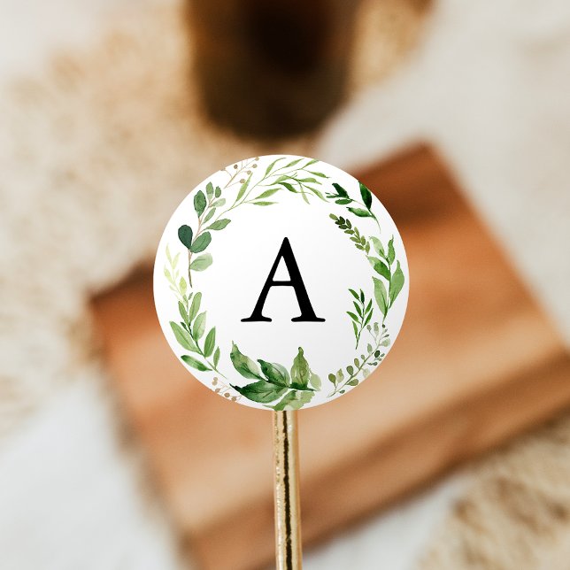 Watercolor Greenerity Wedding Monogram Runder Aufkleber (Von Creator hochgeladen)