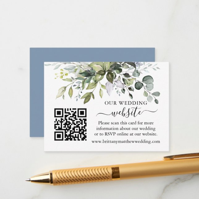 Watercolor Greenerity Wedding Website QR Dusty Blu Begleitkarte (Vorderseite/Rückseite Beispiel)
