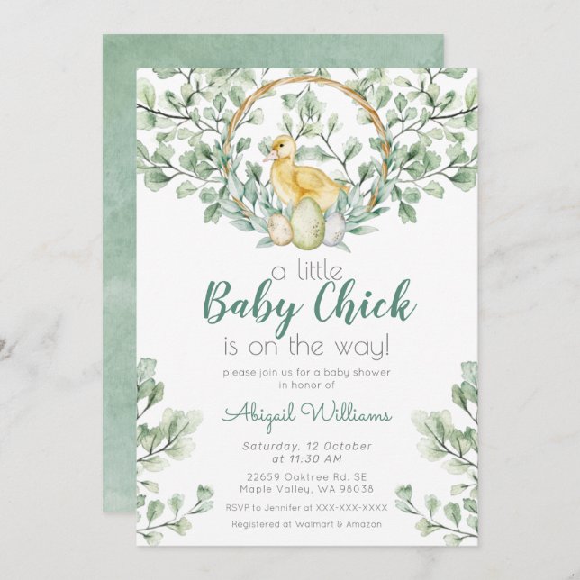 Watercolor Greenery Baby Chick Baby Shower Einladung (Vorne/Hinten)