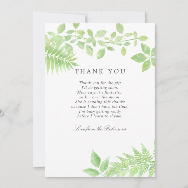 Watercolor Greenery Baby Dusche Vielen Dank Dankeskarte (Vorderseite)