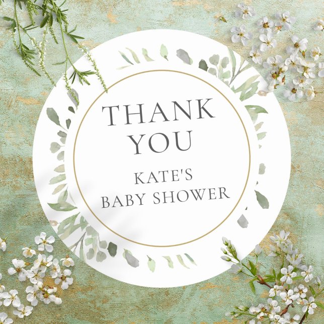 Watercolor Greenery Baby Dusche Vielen Dank Runder Aufkleber (Watercolour Greenery Baby Shower Thank You Classic Round Sticker)
