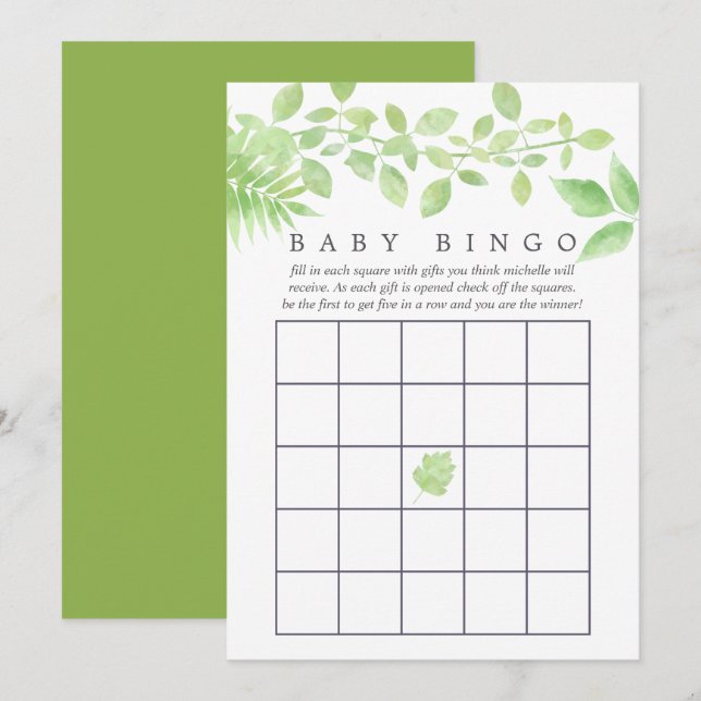 Watercolor Greenery Baby Shower Bingo Einladung (Vorne/Hinten)