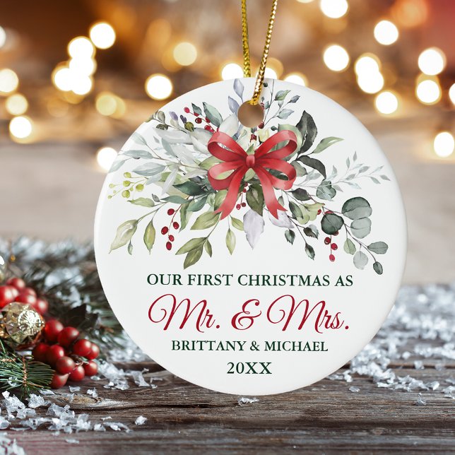 Watercolor Greenery Berries Christmas Red Bow Keramik Ornament (Mr. and Mrs. Ornament)