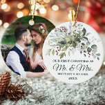 Watercolor Greenery Berries FOTO BACK Weihnachten Keramik Ornament<br><div class="desc">Moderne elegante Watercolor Greenery Couple Unser erstes Weihnachtsfest als Mr. und Mrs. Ornament beinhaltet wunderschöne botanische Aquarellen,  Eukalyptus-Blätter,  Heilige Beeren und andere schöne Blätter. Forest Green Script. Foto zurück.</div>