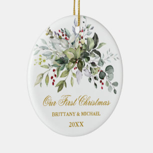 Watercolor Greenery Berries Gold FOTO BACK Keramik Ornament