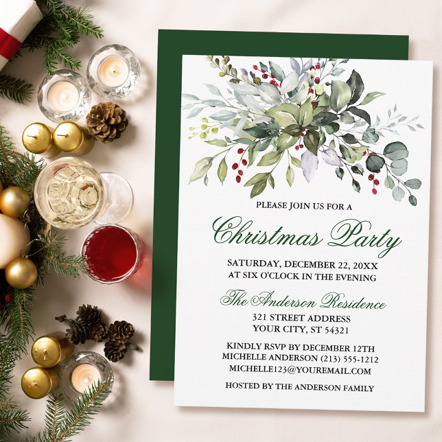 Watercolor Greenery Berries Weihnachtsfest Party Einladung (Customize to change text color, size, style or to change color of back of card.)