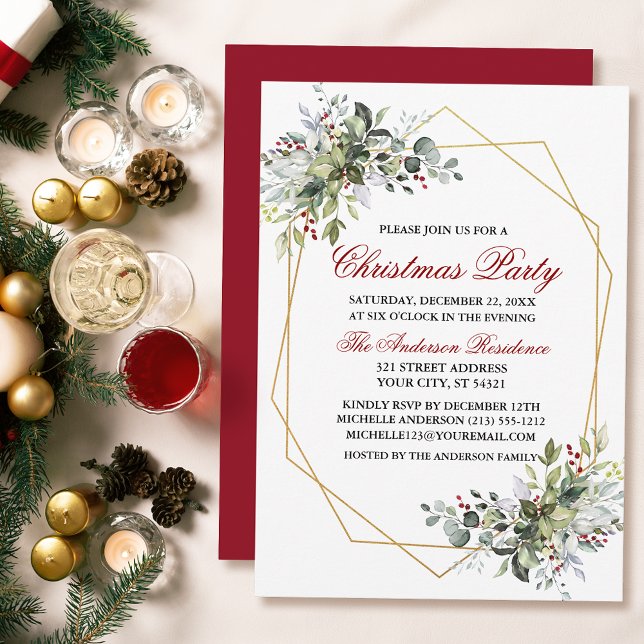 Watercolor Greenery Berries Weihnachtsfest Party R Einladung (Customize to change text color, size, style or to change color of back of card.)