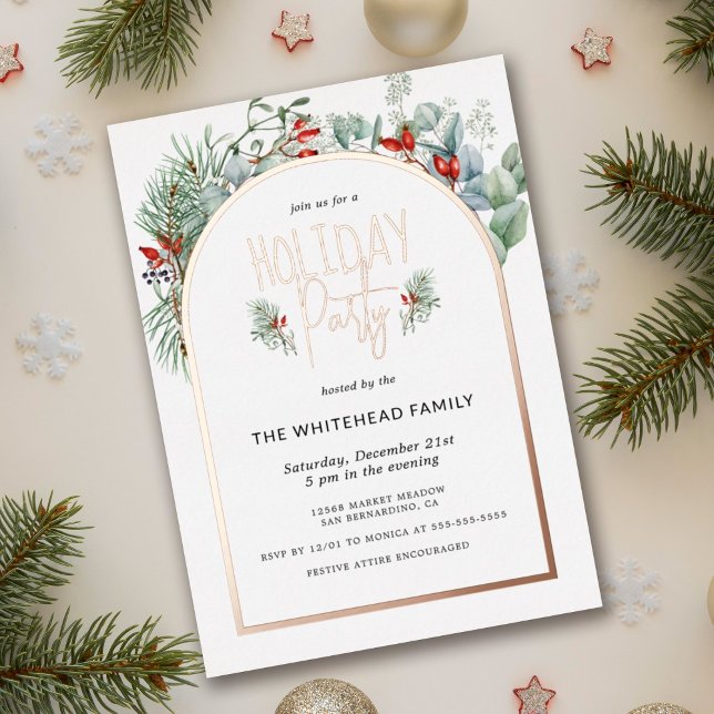 Watercolor Greenery Berry Weihnachtsfest Party Folieneinladung (You will love these beautiful Holiday Party invitation! They feature botanical watercolor arch.)