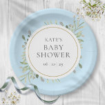 Watercolor Greenery Blue Baby Boy Dusche Pappteller<br><div class="desc">Diese modernen blauen Babyduschen,  Sprinkle- oder Duschpapiere mit zarten Aquarellfarben-Blätter sind mit Ihren besonderen Veranstaltungsdetails personalisiert. Entwickelt von Thisisnotme©</div>