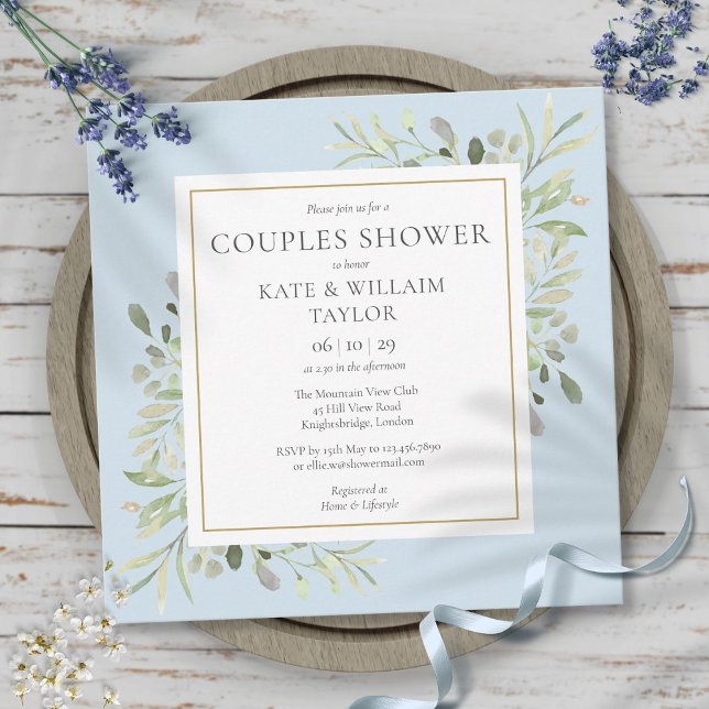 Watercolor Greenery Boy Blue Couples Kinderdusche Einladung (Watercolor Greenery Boy Blue Couples Baby Shower Invitation)