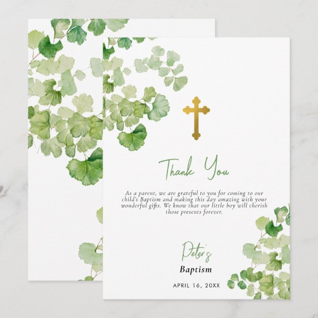 Watercolor Greenery Boy Girl Christening Taufe Dankeskarte (Vorne/Hinten)