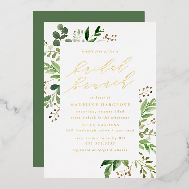 Watercolor Greenery Bridal Brunch Folieneinladung (Vorderseite/Rückseite)