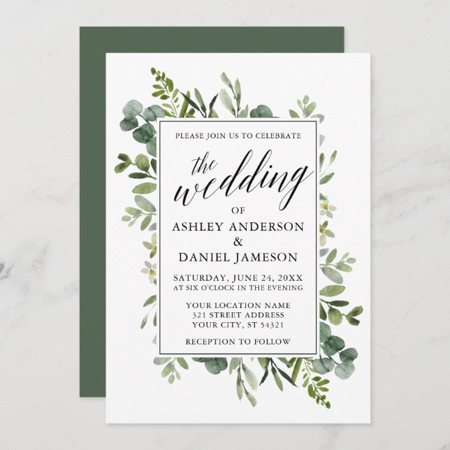 Watercolor Greenery Calligraphy Sage Wedding Einladung (Vorne/Hinten)