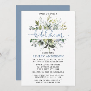 Watercolor Greenery Dusty Blue Script Dusche Einladung