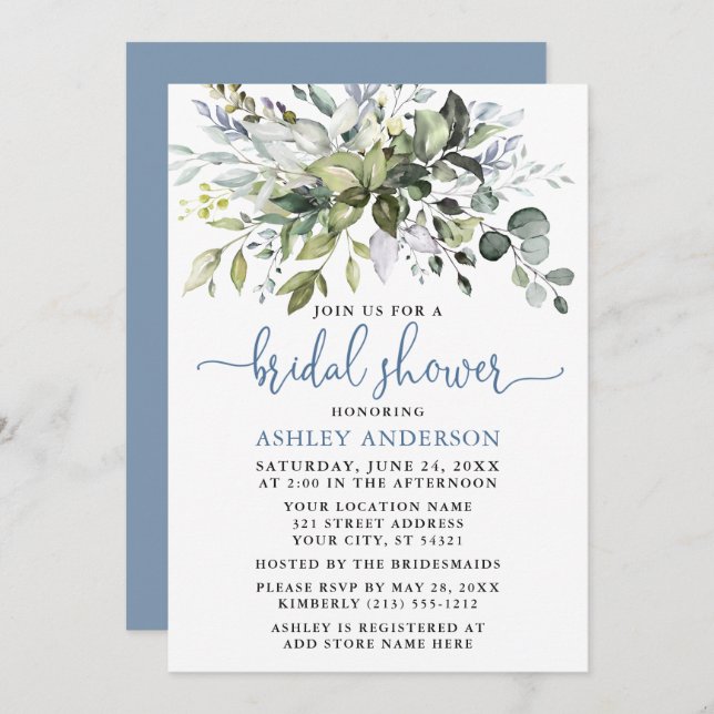 Watercolor Greenery Dusty Blue Script Dusche Einladung (Vorne/Hinten)