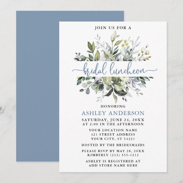 Watercolor Greenery Dusty Blue Script Luncheon Einladung (Vorne/Hinten)