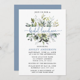 Watercolor Greenery Dusty Blue Script Luncheon Einladung