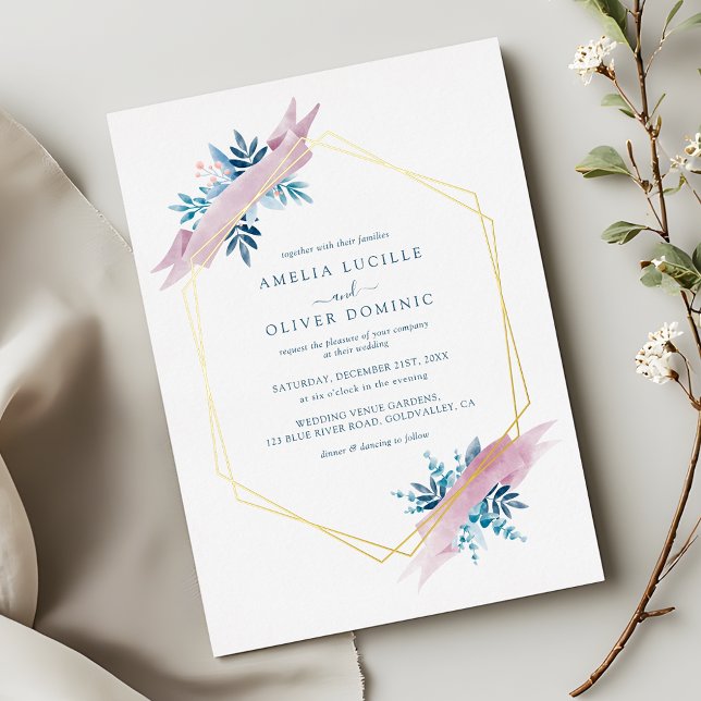 Watercolor Greenery Dusty Blue Wedding Gold Folieneinladung (Von Creator hochgeladen)