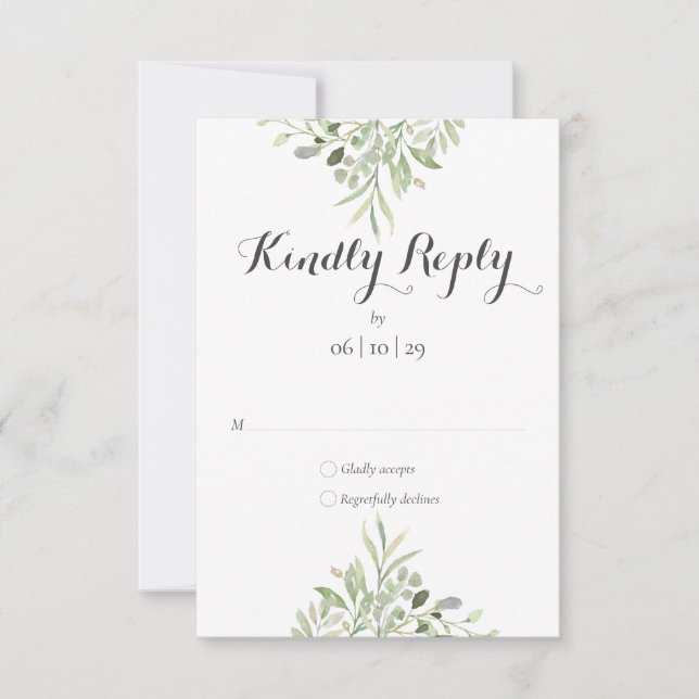 Watercolor Greenery Elegante Script Wedding RSVP Karte (Vorderseite)