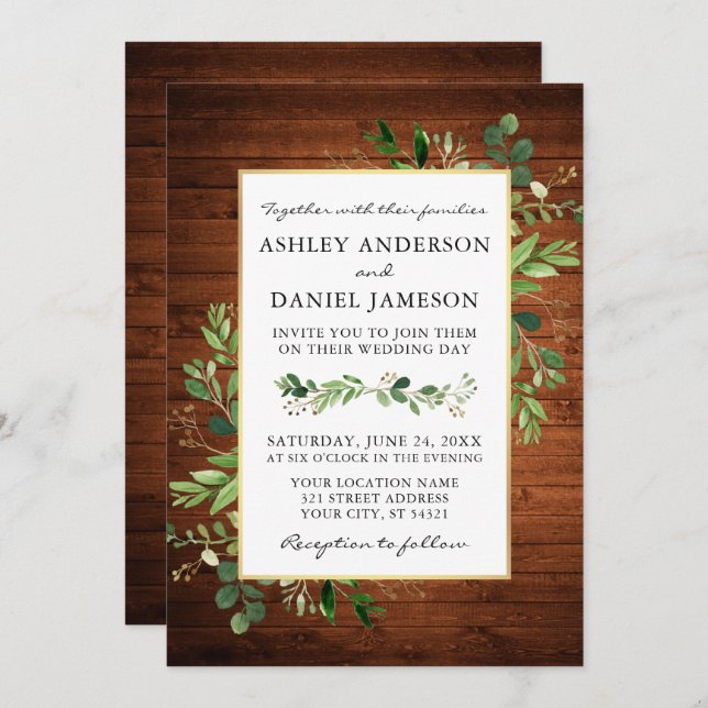 Watercolor Greenery Eucalyptus Wood Wedding Einladung (Vorne/Hinten)
