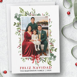 Watercolor Greenery Feliz Navidad Red Bow Feiertagskarte