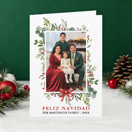 Watercolor Greenery Feliz Navidad Red Bow Fold Feiertagskarte