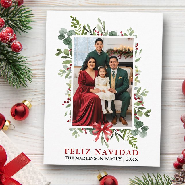 Watercolor Greenery Feliz Navidad Red Bow Postkarte (Customize to change text size or text style.)