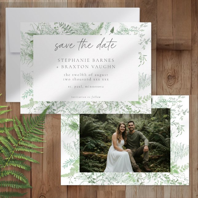 Watercolor Greenery Fern Rustic Wedding Photo Save The Date (Von Creator hochgeladen)