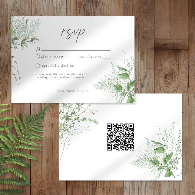Watercolor Greenery Fern Rustic Wedding QR RSVP Karte (Von Creator hochgeladen)