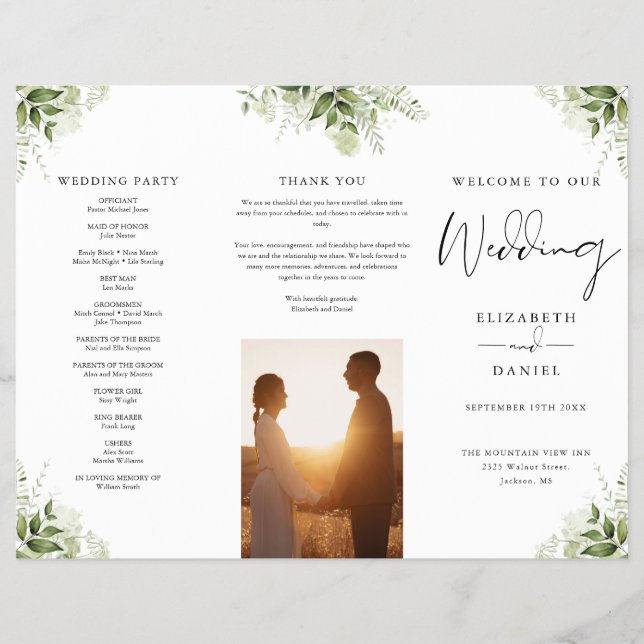 Watercolor Greenery Floral Trifold Wedding Program Flyer (Vorne)
