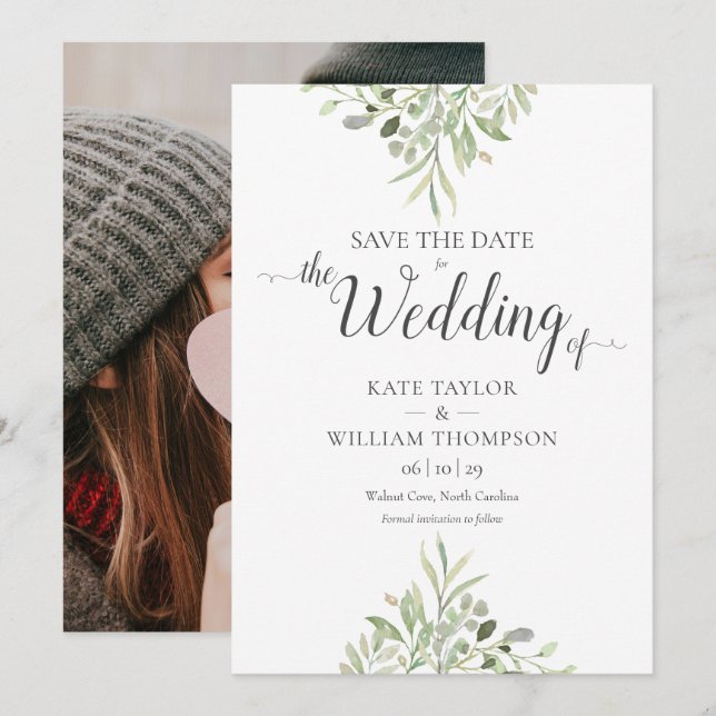 Watercolor Greenery Foto Script Wedding Save The Date (Vorne/Hinten)