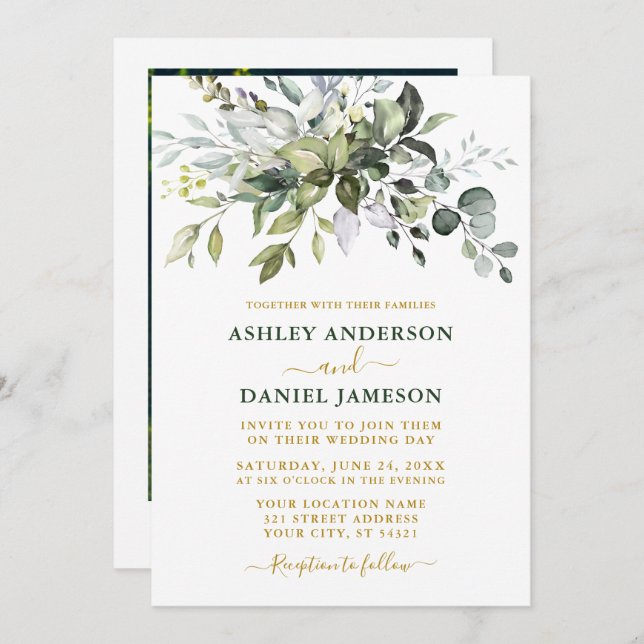 Watercolor Greenery Foto Wedding Gold Green Einladung (Vorne/Hinten)