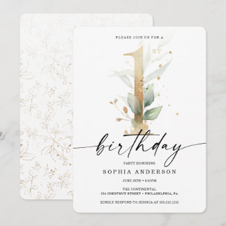 Watercolor Greenery Gold Erster Geburtstag 1. Invi Einladung