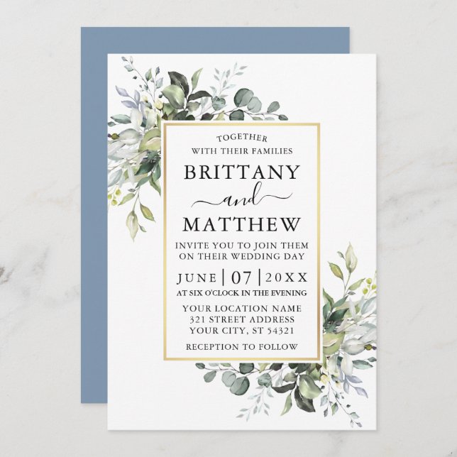 Watercolor Greenery Gold Frame Dusty Blue Wedding Einladung (Vorne/Hinten)