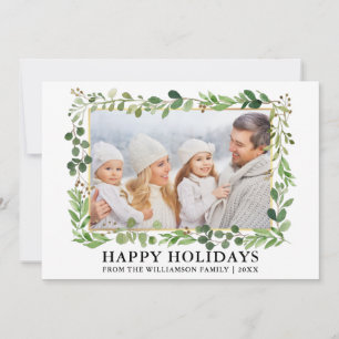 Watercolor Greenery Gold Frame Happy Holidays Feiertagskarte